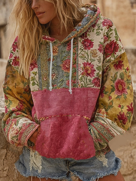 Women's Pink Floral Print Casual Hoodie