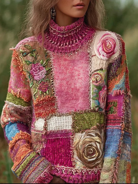 Women's Vintage Pink Flowers Colorblock Patchwork Turtleneck Pullover Sweater