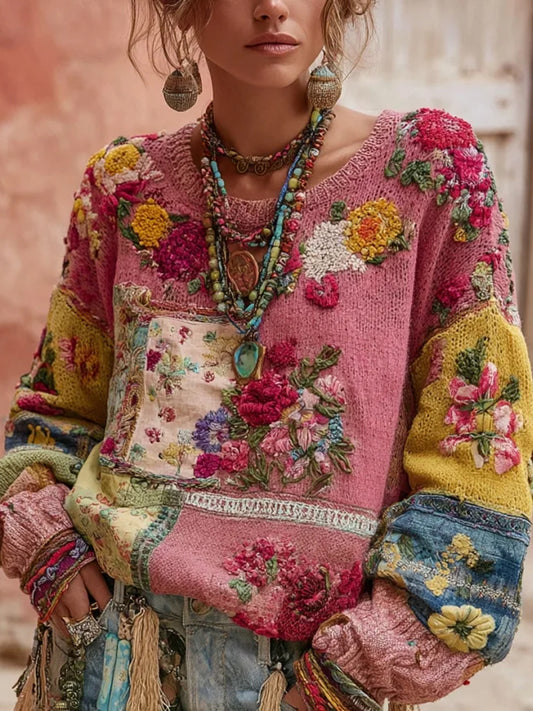 Women's Vintage Pink Flowers Colorblock Patchwork Sweatshirt