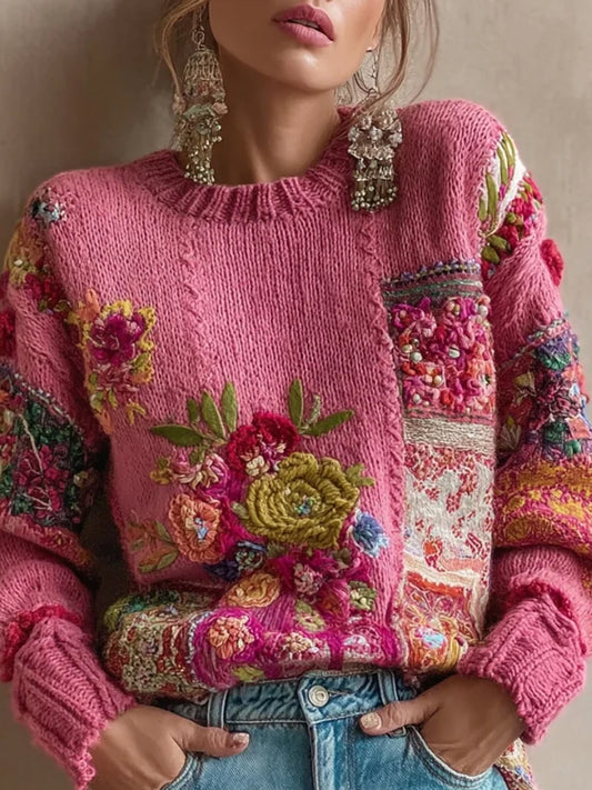 Women's Vintage Pink Flowers Colorblock Patchwork Sweatshirt