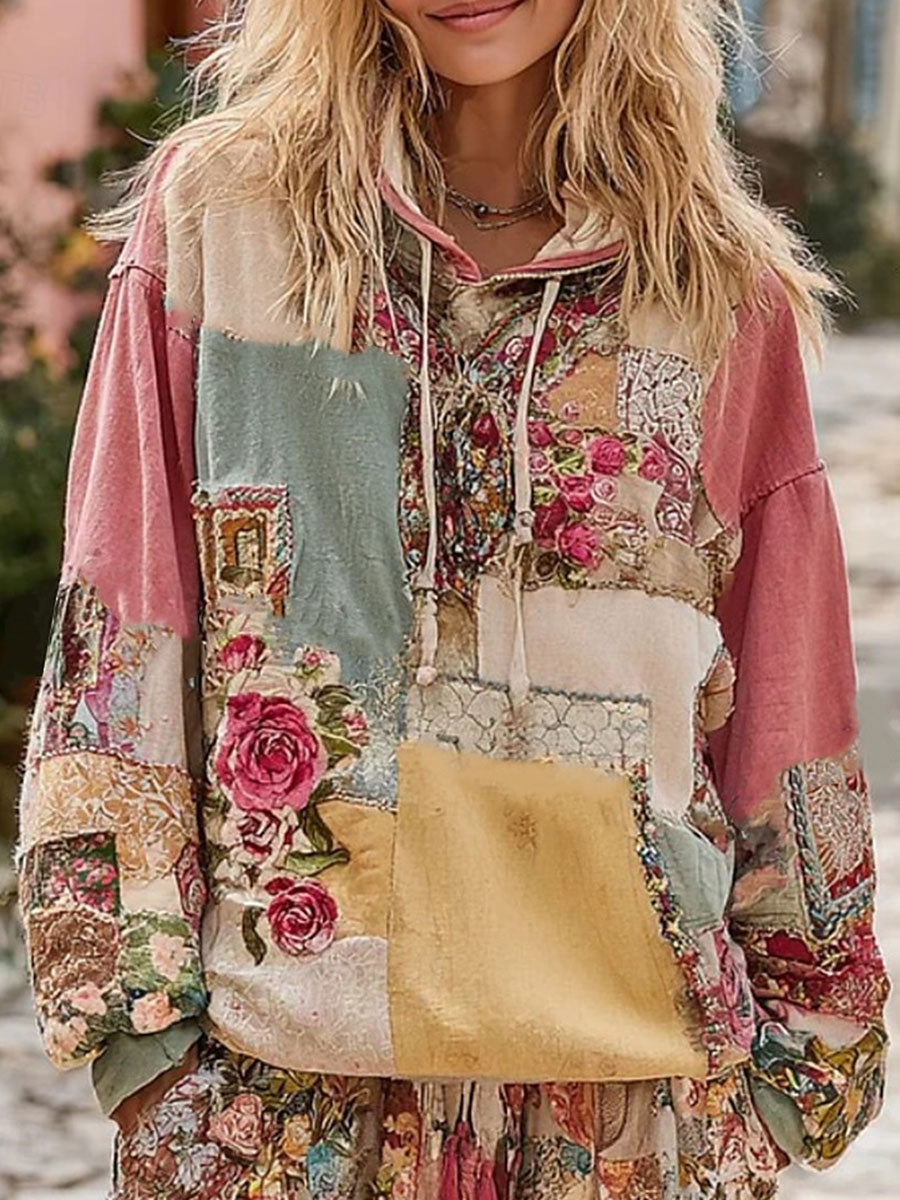 Women's Pink Floral Print Hoodie