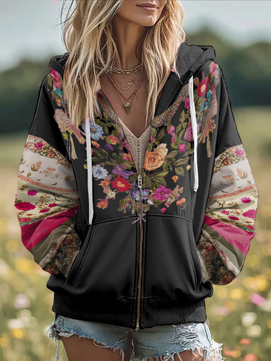 Women's Breast Cancer Awareness Floral Printed Zip-Up Coat