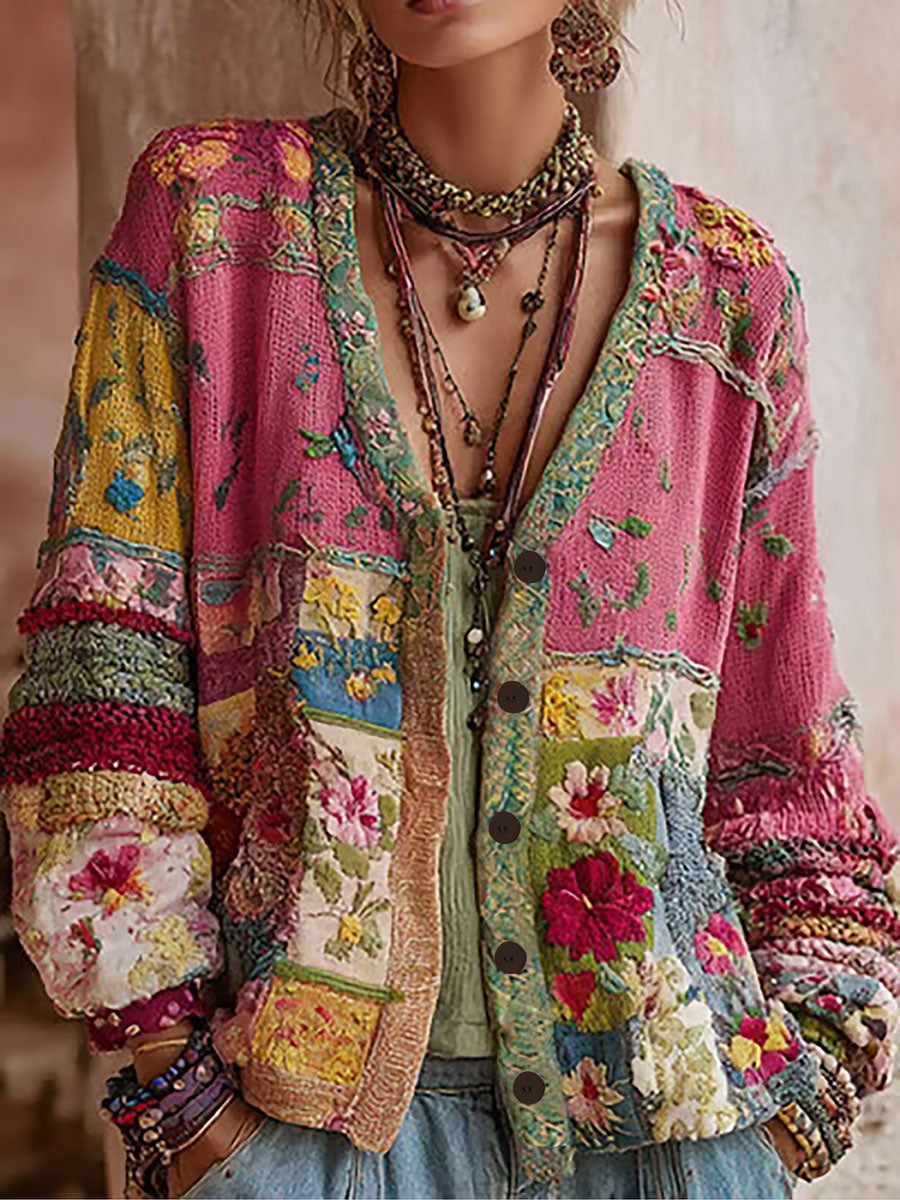 Women's Pink Floral Print Casual Cardigan