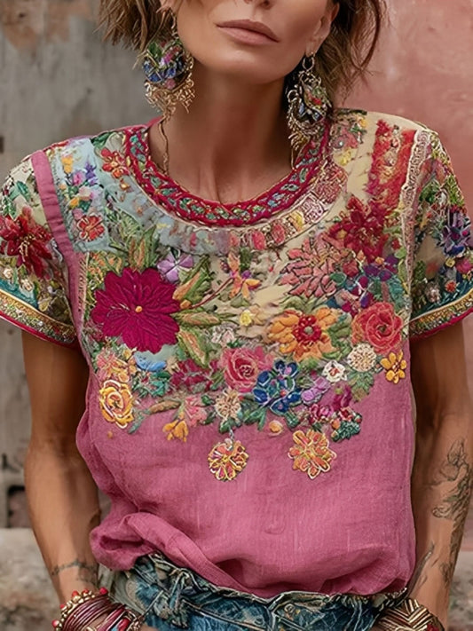 Women's Pink Floral Print Casual T-shirt