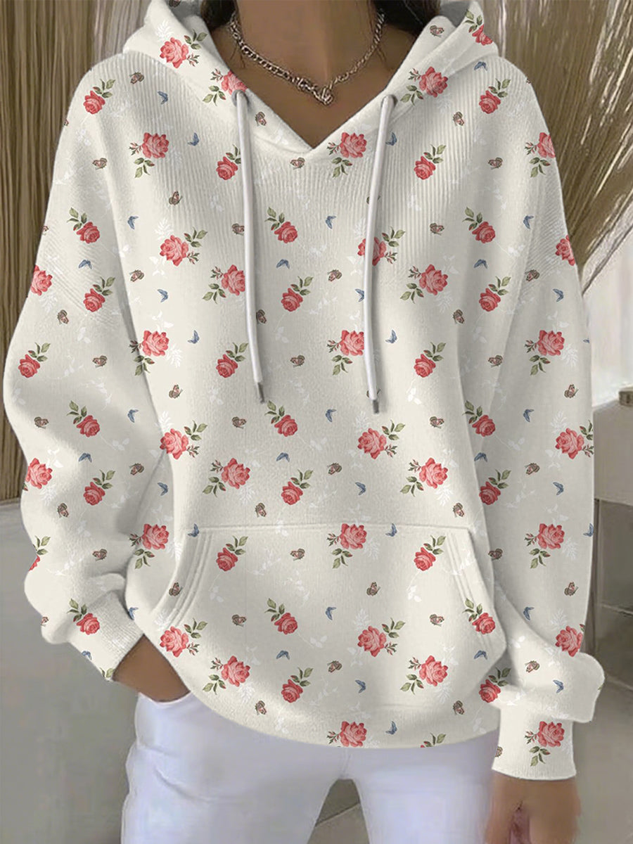 Women's Breast Cancer Pink Flowers Print Casual Hoodie
