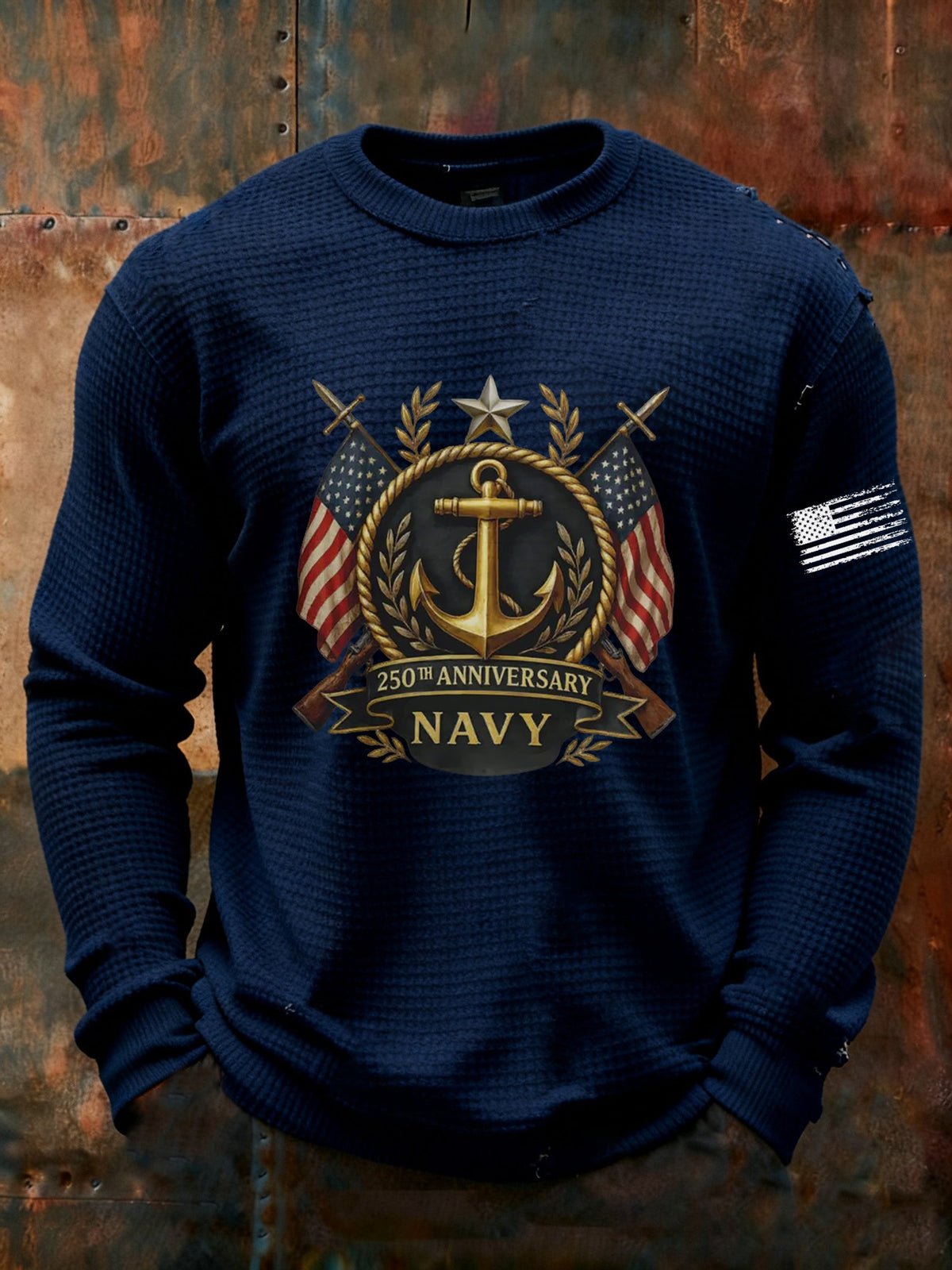Men's Navy Printed Waffle Long Sleeve T-Shirt
