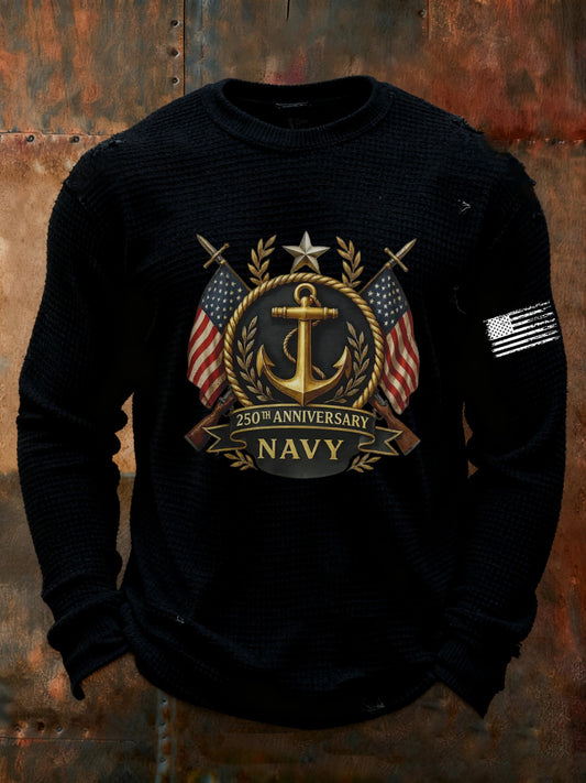 Men's Navy Printed Waffle Long Sleeve T-Shirt