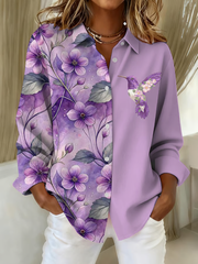 Women's Purple Hummingbird Floral Print Casual Linen Shirt