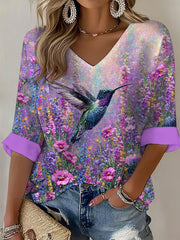 Women's purple hummingbird V-neck long-sleeved top
