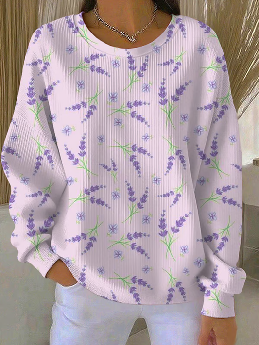Women's Casual Purple Floral Ribbed Round-Neck Sweatshirt