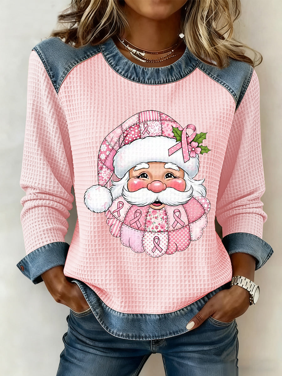 Women's Breast Cancer Awareness Santa Claus Print Casual Top