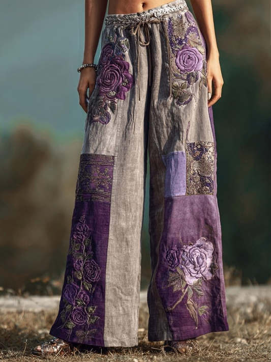 Women's Vintage Purple Roses  Patchwork Pants