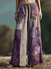 Women's Vintage Purple Roses  Patchwork Pants