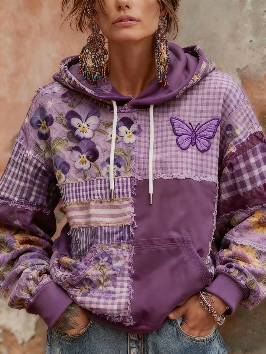 Women's Alzheimer's Awareness  Purple Floral Butterfly Patchwork Hooded