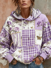Women's Purple Floral Butterfly Cross Print Casual Hoodie
