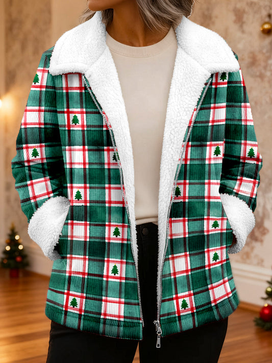 Women's Christmas Plaid Pattern Fleece Corduroy Jacket