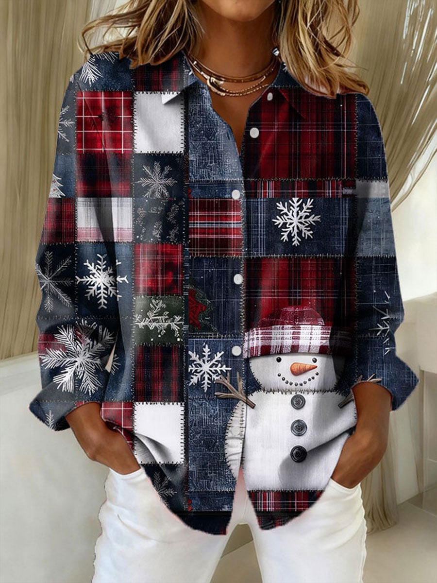 Women's Plaid Patchwork Christmas Snowman Shirts
