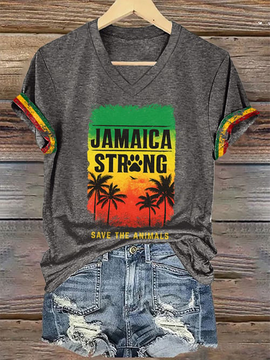 Women's V-Neck Retro Jamaica Strong Save The Animals Reggae Red, Green, And Gold Print T-Shirt