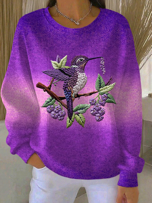 Women's Purple Gradient Hummingbird Floral Print Casual Sweatshirt