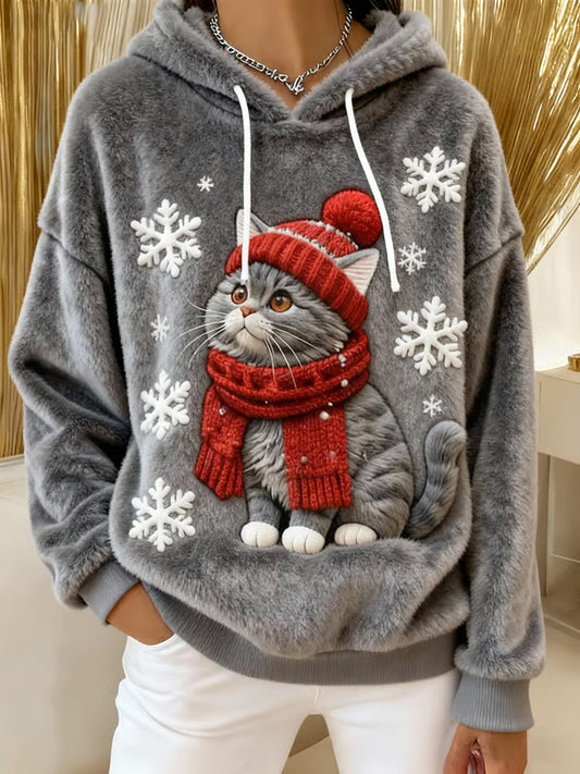 Women's Cute Christmas Cat Art Print Casual Flannel Hoodie