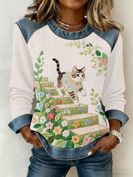 Women's Cute Cat Printed Denim Patchwork Waffle Top