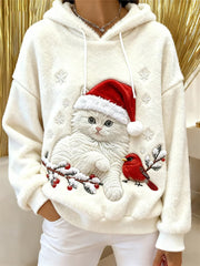 Women's Cute Christmas Cat Art Print Casual Flannel Hoodie