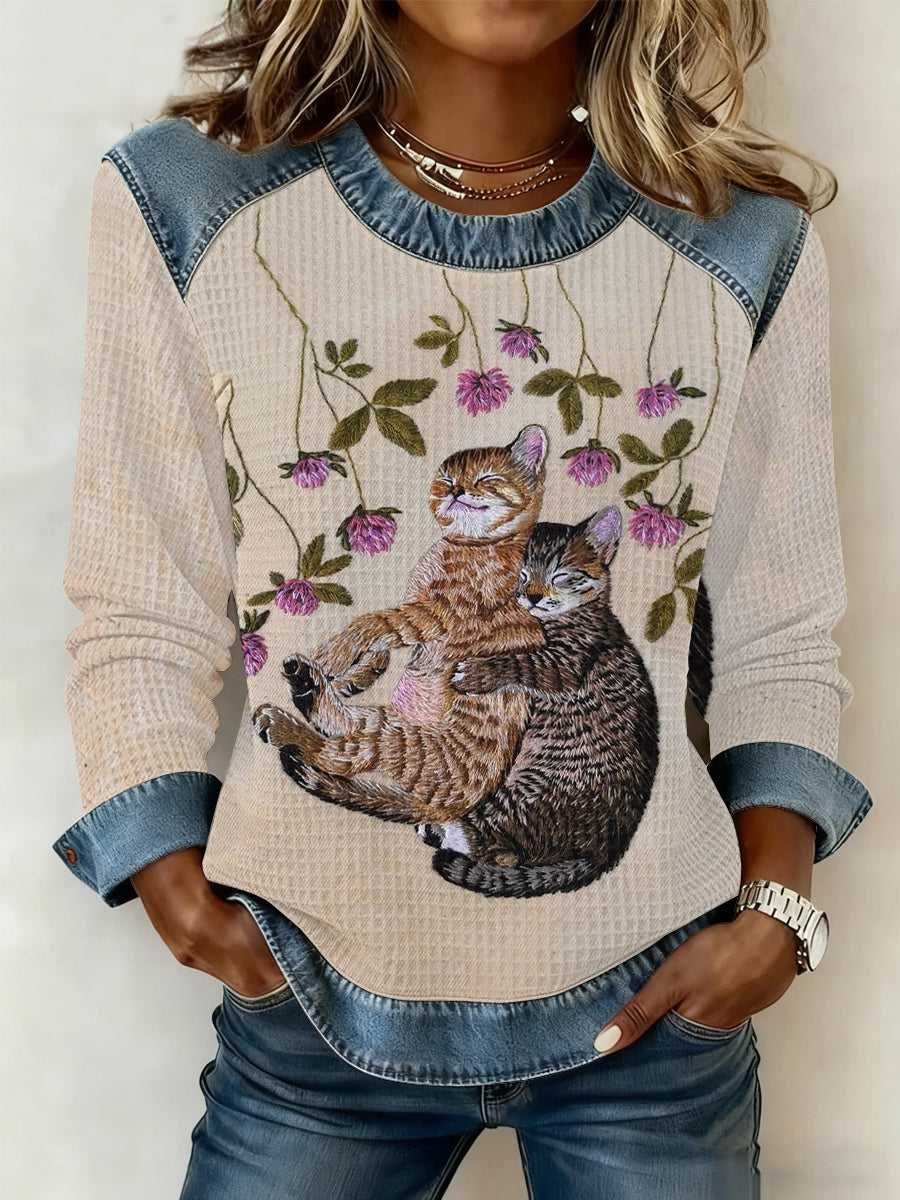 Women's Cute Cat Printed Denim Patchwork Waffle Top
