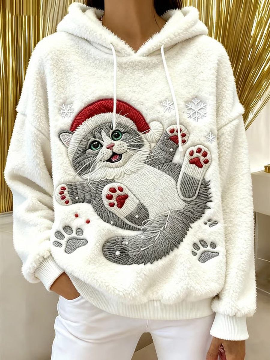 Women's Cute Christmas Cat Art Print Casual Flannel Hoodie