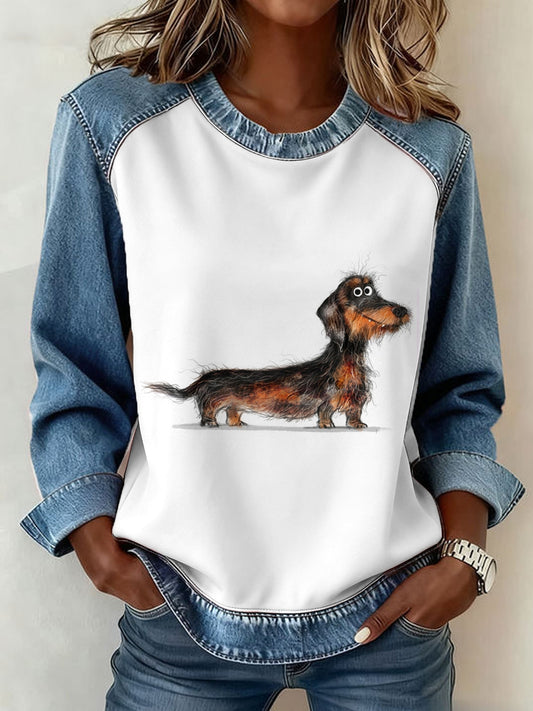 Women's Cute Dog Denim Patchwork Top