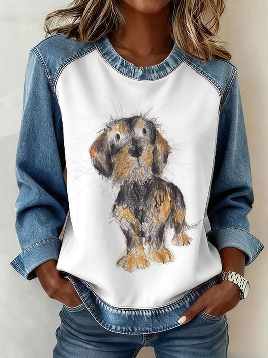 Women's Cute Dog Denim Patchwork Top