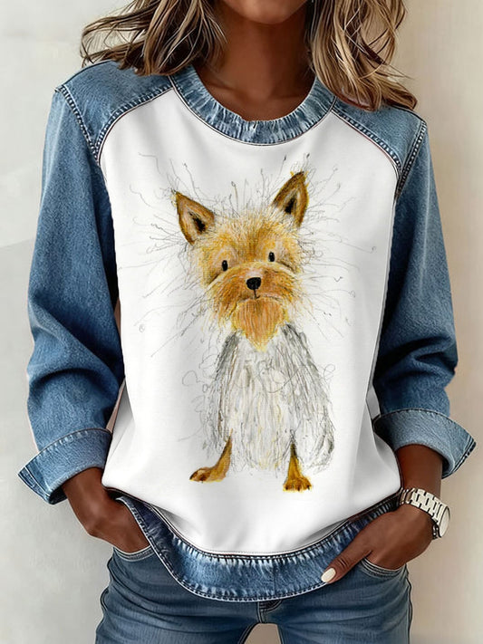Women's Cute Dog Denim Patchwork Top