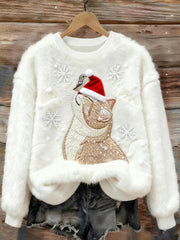 Women's Cute Christmas Cat Art Print Casual Flannel Sweater
