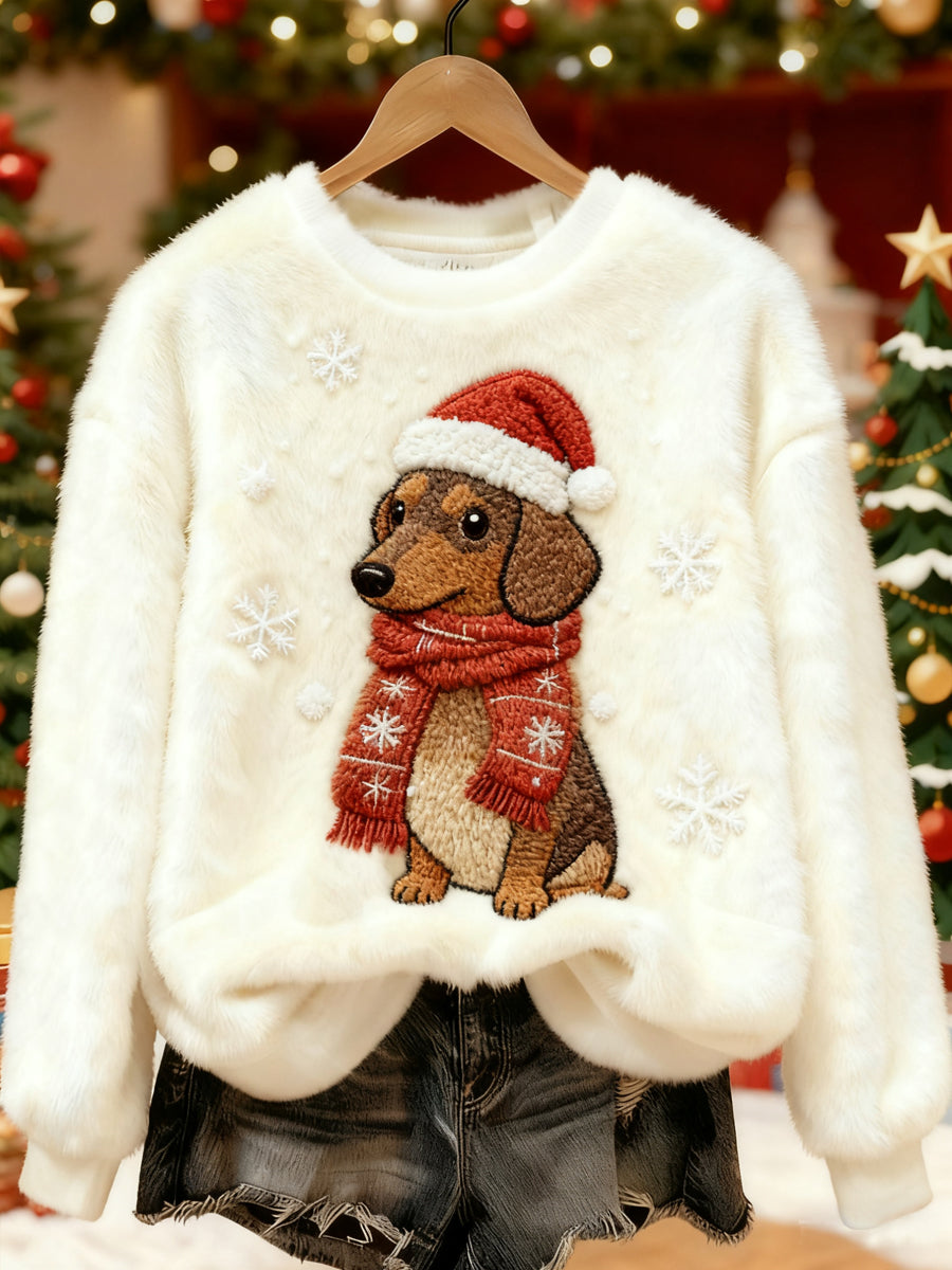 Women's Cute Christmas Dachshund Print Casual Flannel Sweatshirt