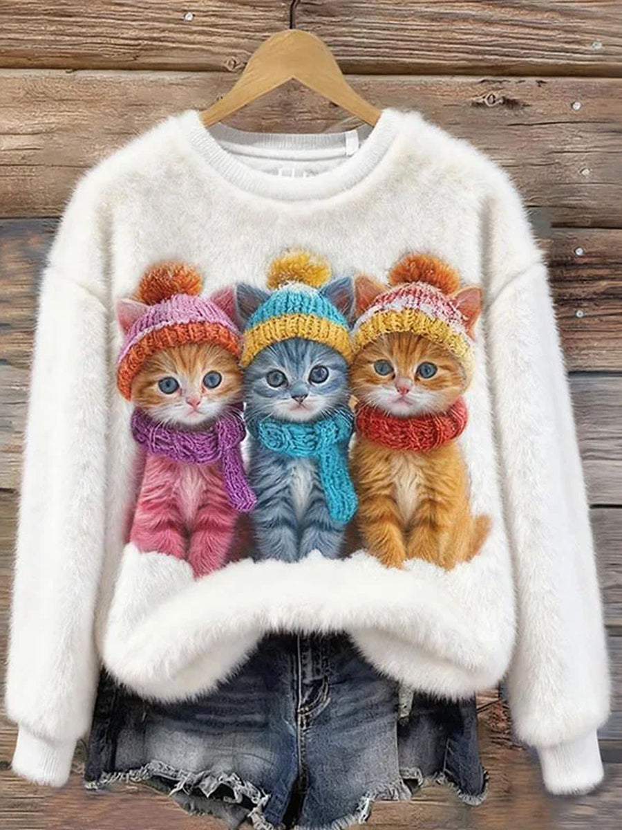 Women's Cute Cat  Art Print Casual Flannel Sweatshirt