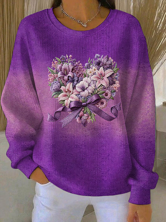 Women's Purple Gradient Floral Print Ribbed Round-Neck Sweatshirt