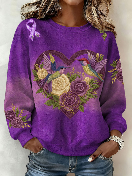 Women's Alzheimer's Awareness Art Purple Floral Printed Sweatshirt