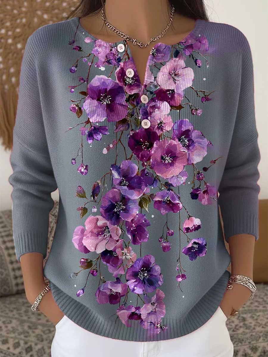 Women‘s Purple Floral Print Buttoned Cardigan Sweater