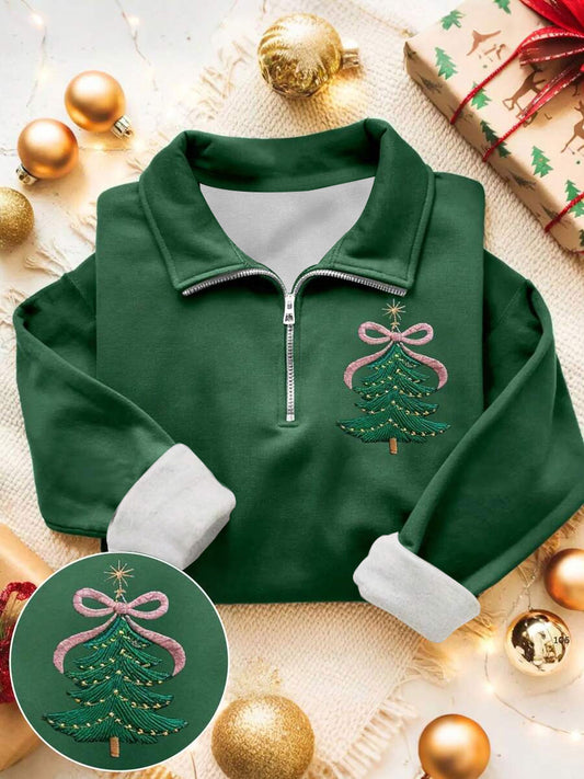 Women's Christmas Tree Print Casual Zip-Up Sweatshirt