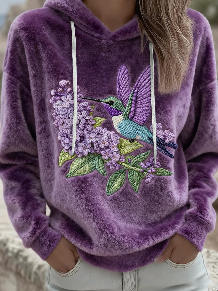 Women's Hummingbird Purple Floral Flannel Hoodie