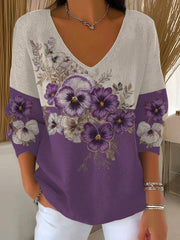 Women's Hummingbird Purple Floral Ribbed Top