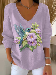 Women's Hummingbird Purple Floral Ribbed Top