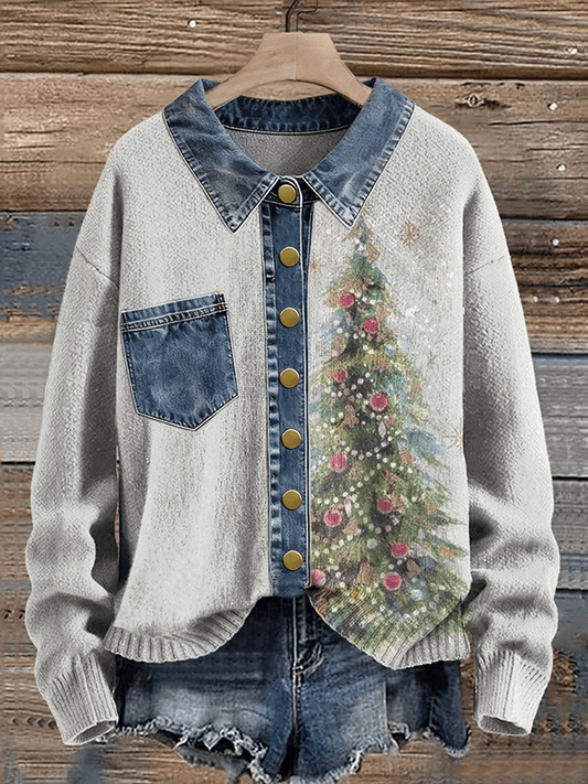 Women's Vintage Christmas Tree Denim Lapel Button Sweater
