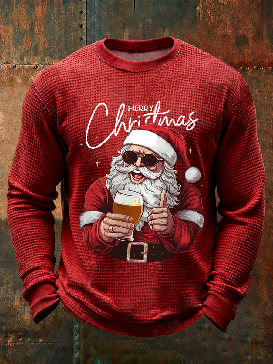 Men's Merry Christmas Santa Claus Print Casual Waffle Long Sleeve Top