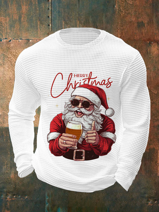 Men's Merry Christmas Santa Claus Print Casual Waffle Long Sleeve Top