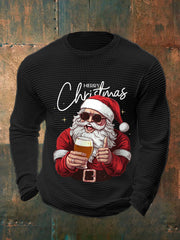 Men's Merry Christmas Santa Claus Print Casual Waffle Long Sleeve Top