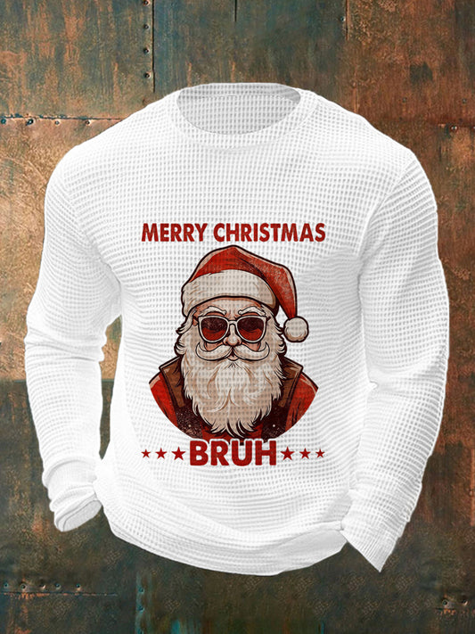 Men's Funny Merry Christmas Bruh Santa Claus Print Casual Waffle Long Sleeve Top