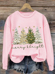 Women's Faux Yarn Merry And Bright Christmas Tree Print Casual Sweatshirt