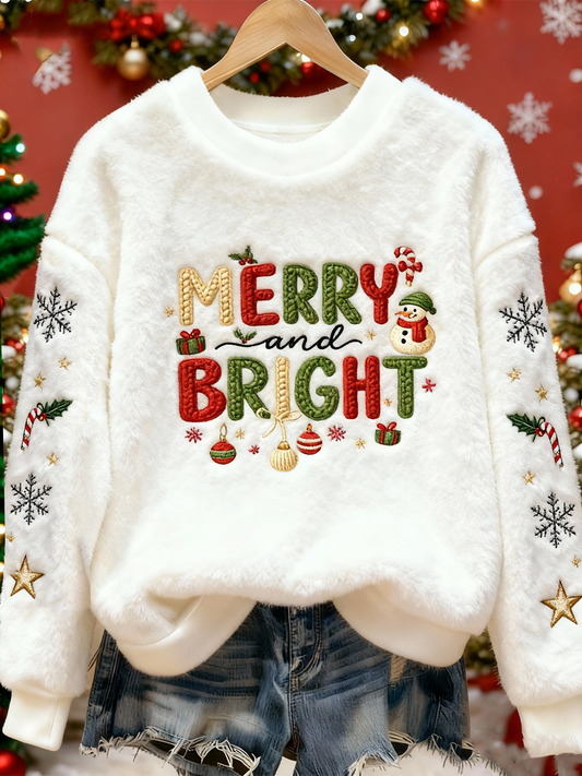Women's Faux Yarn Merry and Bright Christmas Print Flannel Hoodie