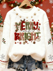 Women's Faux Yarn Merry and Bright Christmas Print Flannel Hoodie