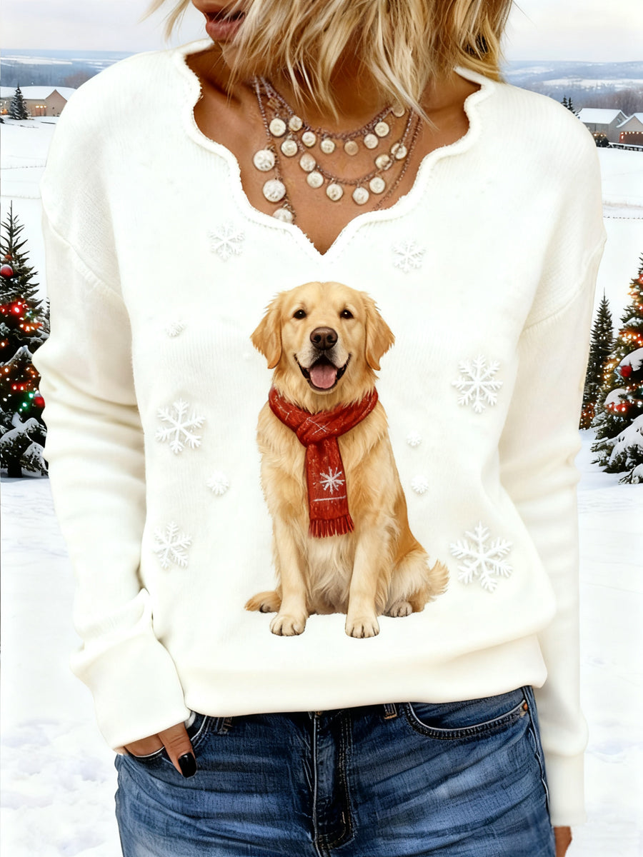 Women's Christmas Cute Golden Retriever Print Dog Mom Gift Casual V-Neck Top